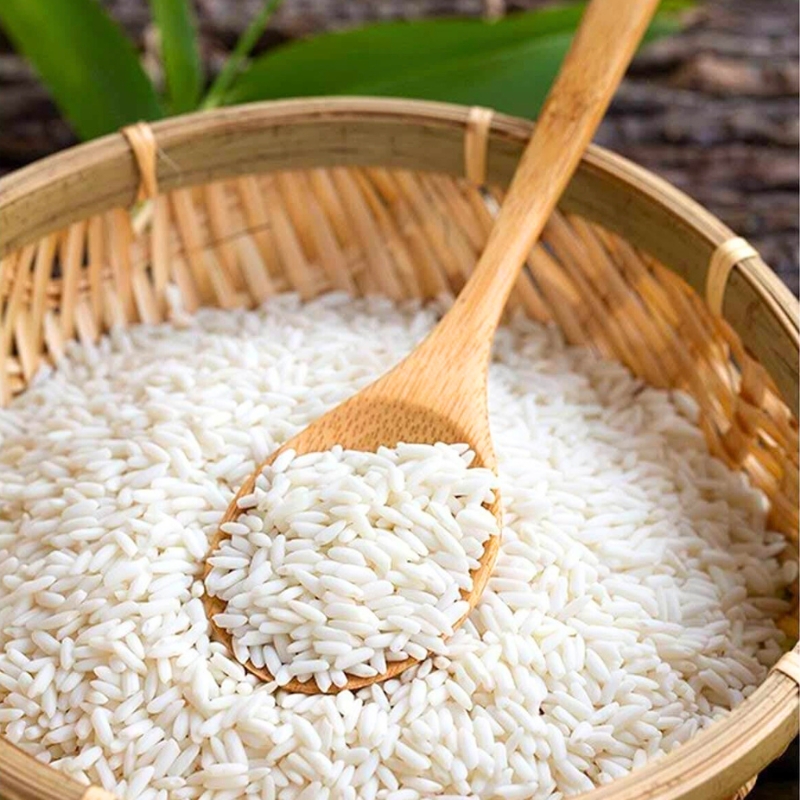 Le riz gluant, aux grains ronds et blanc laiteux, se distingue par sa texture collante après cuisson.